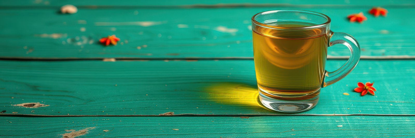 Warm herbal tea in a clear glass cup on a turquoise wooden table with flowers